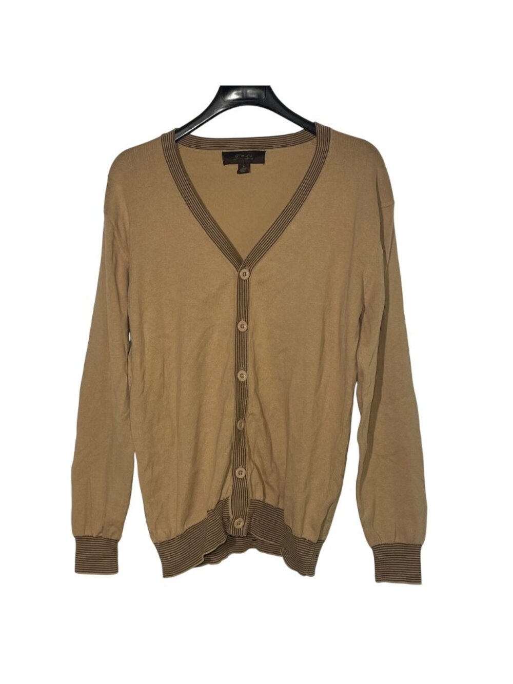 Tasso Ella Men's V-Neck Supima Cotton Button Cardigan Striped Trim Sz LG Tan